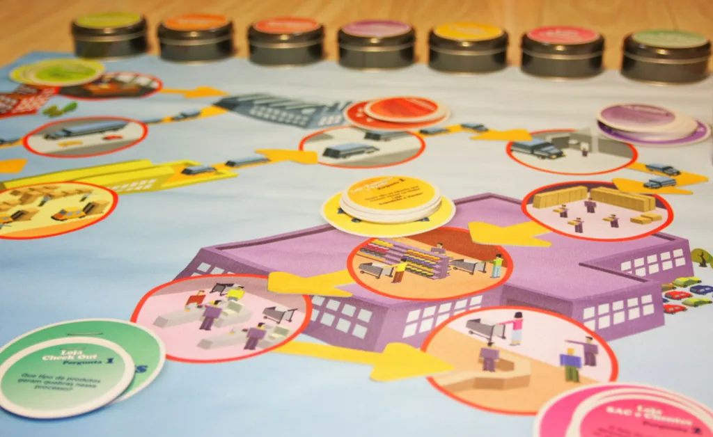 Jogo de tabuleiro de prevenção de perdas do Grupo Pão de Açúcar: mapa com galpões e caminhões, fichas circulares e potes de rodada
