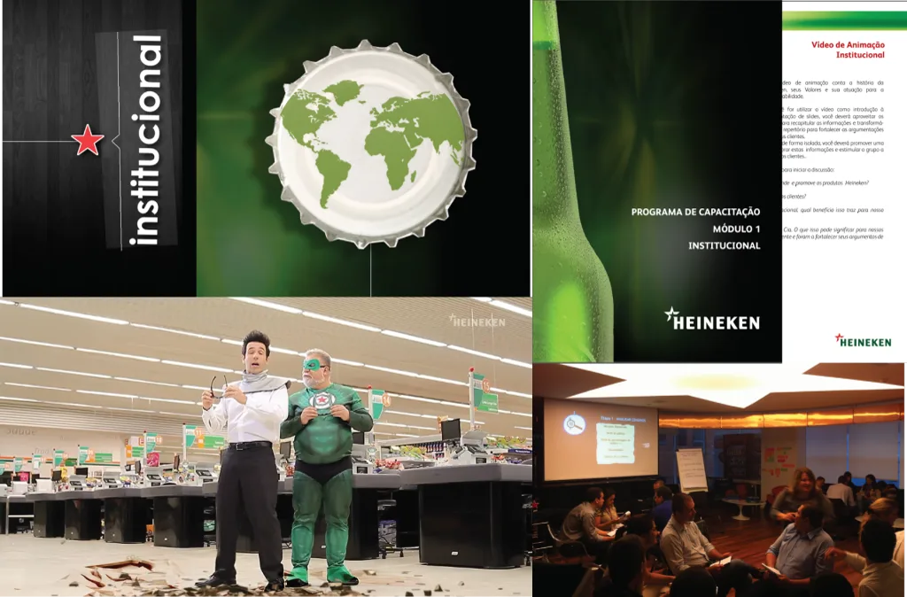 Colagem do programa Heineken: capas de manuais institucionais, ator fantasiado de super-herói verde em supermercado e treinamento presencial