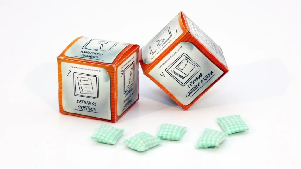 Dois cubos de papelão coloridos do método Prando, com ícones desenhados à mão e os textos 'Analisar o Cenário' e 'Desenhar Conteúdo e Forma'