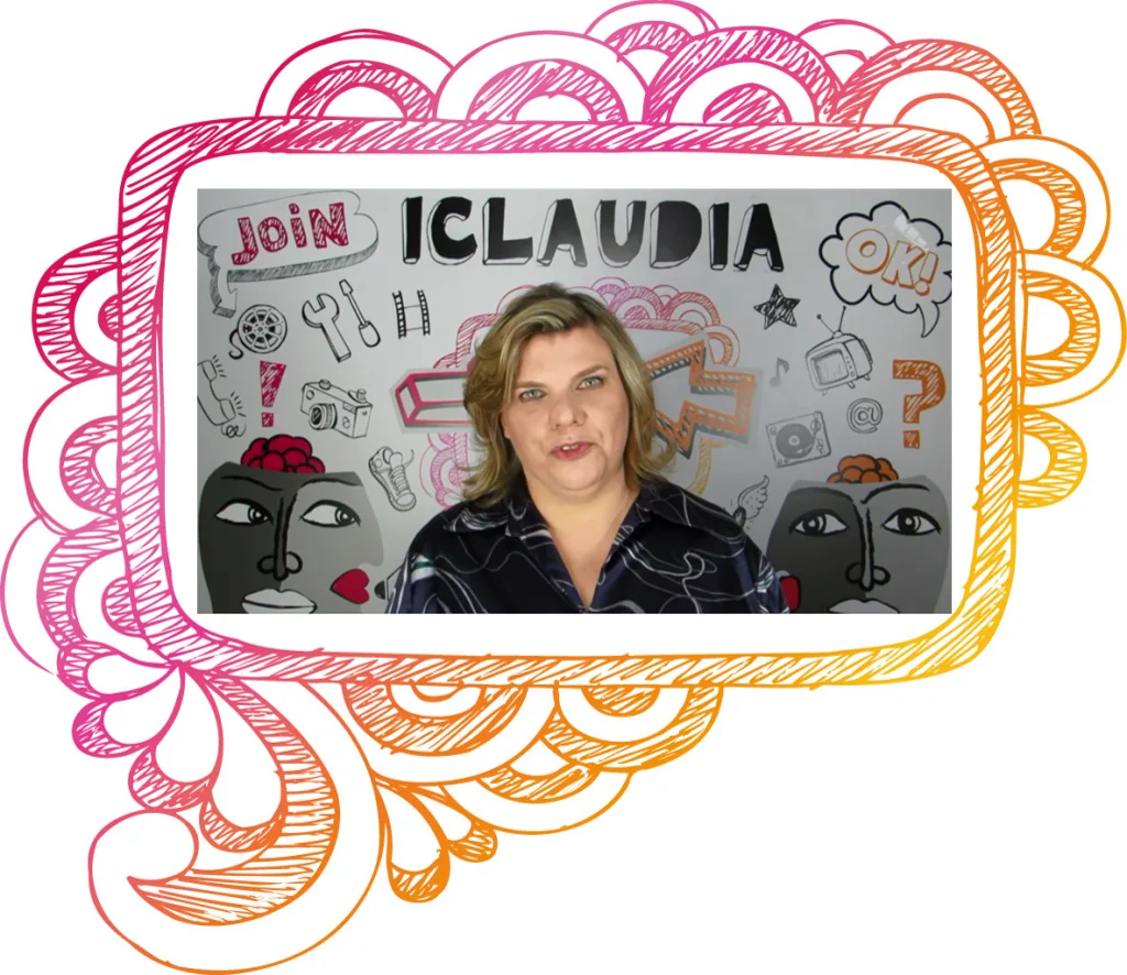 Frame de vídeo-aula com apresentadora ao centro e moldura decorativa desenhada à mão com ícones de mídia